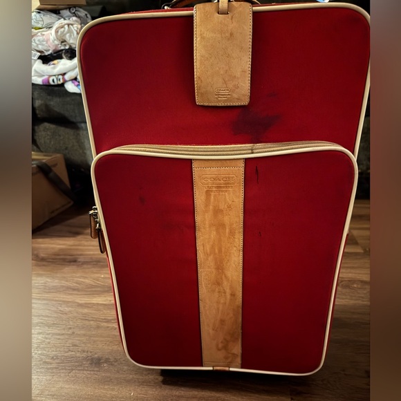 VTG Coach 2004 Red Leather Trim Canvas Nylon 22 Roller Carry On Luggage 2 Wheels
